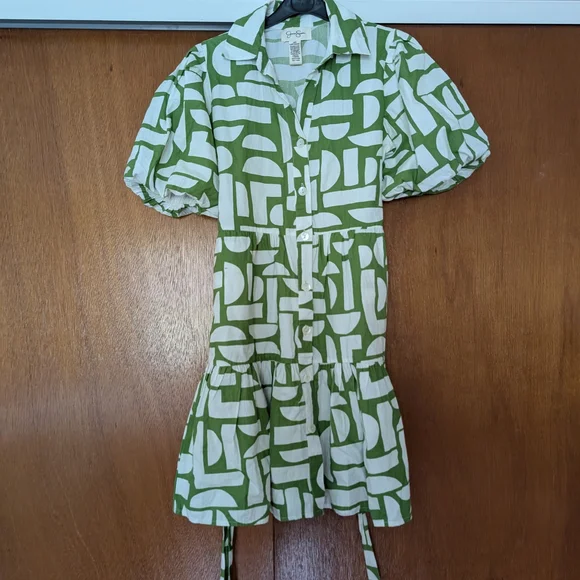 Jessica Simpson Green and White Geo Patterned Mini Summer Button Dress XS - Picture 6 of 9